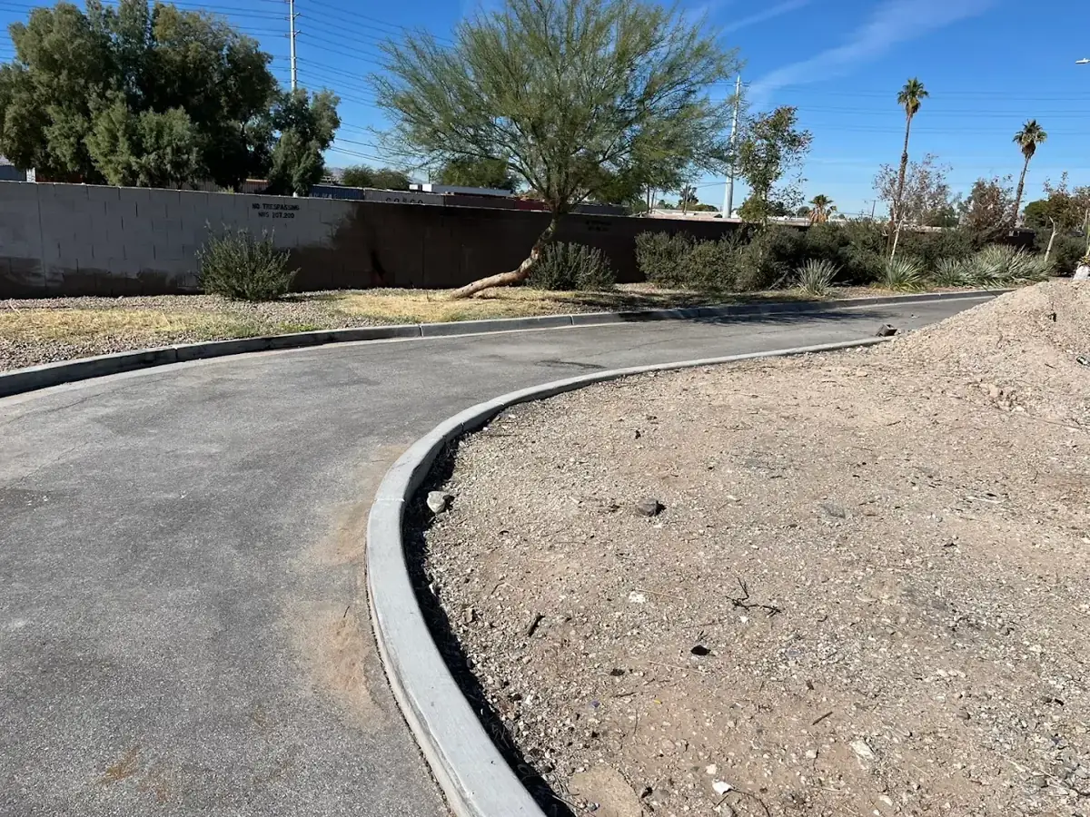 Before: bare dirt strip along a curved curb