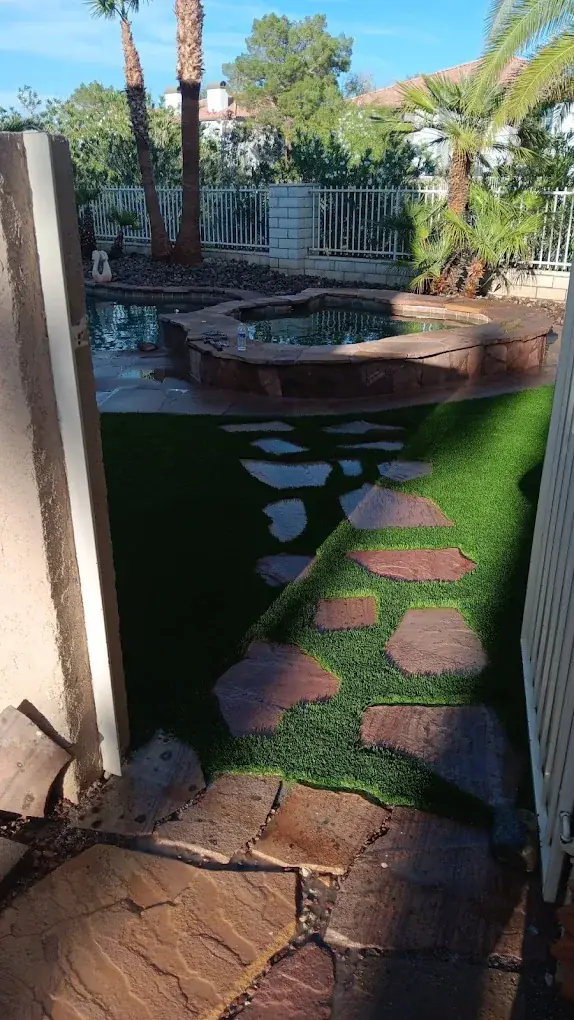 Garden path with stepping stones and fire pit